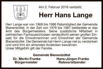 Traueranzeige von Hans Lange von Uelzen