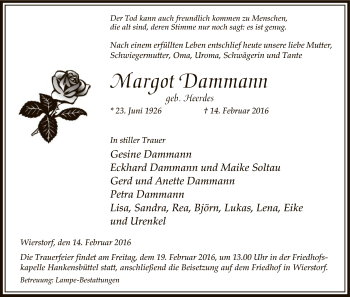 Traueranzeige von Margot Dammann von Uelzen