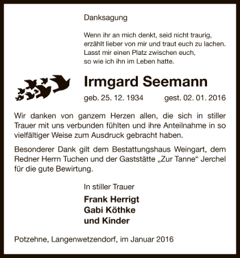 Traueranzeige von Irmgard Seemann von Allgemeine Zeitung Uelzen