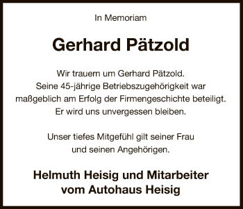 Traueranzeige von Gerhard Pätzold von Uelzen