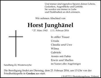 Traueranzeige von Horst Junghänel von Uelzen