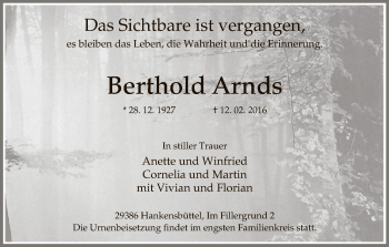 Traueranzeige von Berthold Arnds von Uelzen