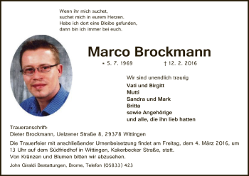 Traueranzeige von Marco Brockmann von Uelzen