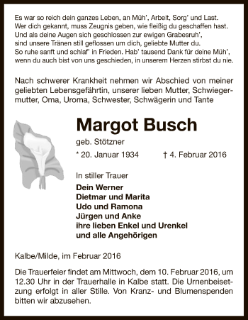 Traueranzeige von Margot Busch von Uelzen