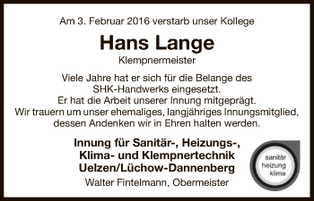 Traueranzeige von Hans Lange von Uelzen