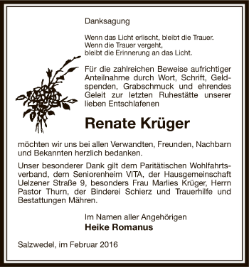 Traueranzeige von Renate Krüger von Uelzen