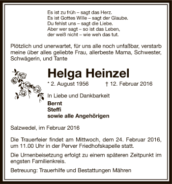 Traueranzeige von Helga Heinzel von Uelzen