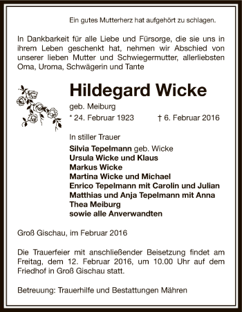 Traueranzeige von Hildegard Wicke von Uelzen