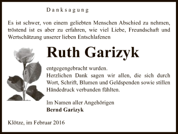 Traueranzeige von Ruth Garizyk von Uelzen