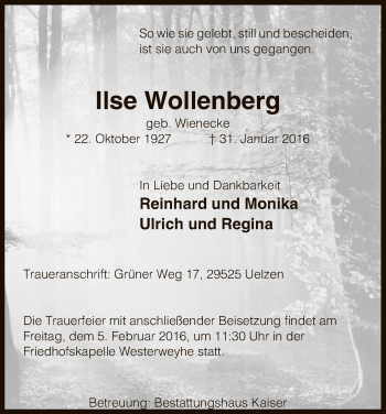 Traueranzeige von Ilse Wollenberg von Uelzen