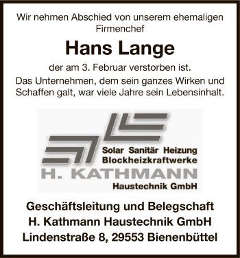 Traueranzeige von Hans Lange von Uelzen