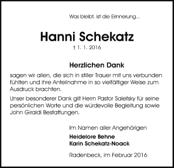 Traueranzeige von Hanni Schekatz von Uelzen