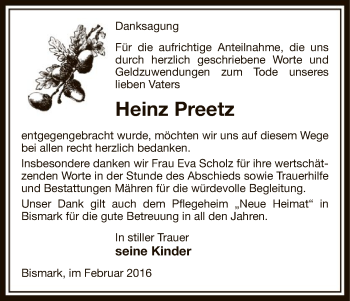 Traueranzeige von Heinz Preetz von Uelzen