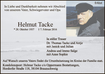 Traueranzeige von Helmut Tacke von Uelzen