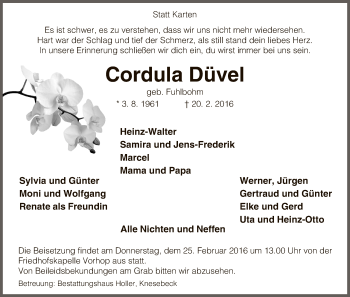 Traueranzeige von Cordula Düvel von Uelzen