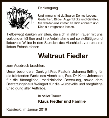 Traueranzeige von Waltraut Fiedler von Uelzen