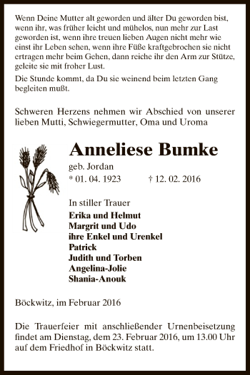 Traueranzeige von Anneliese Bumke von Uelzen