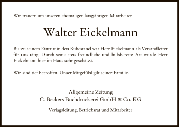 Traueranzeige von Walter Eickelmann von Uelzen