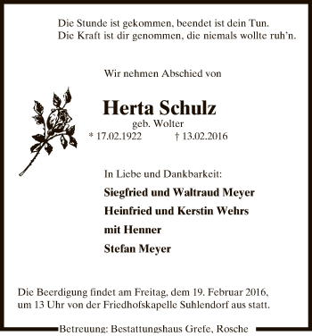 Traueranzeige von Herta Schulz von Uelzen