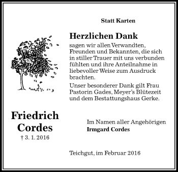 Traueranzeige von Friedrich Cordes von Uelzen