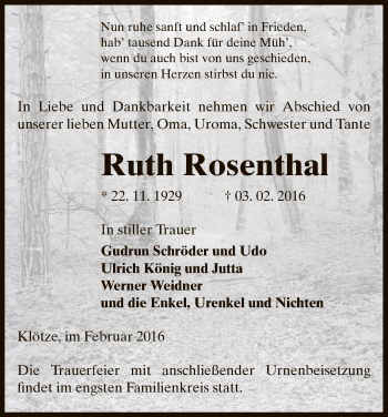 Traueranzeige von Ruth Rosenthal von Uelzen