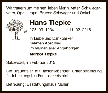 Traueranzeige von Hans Tiepke von Uelzen