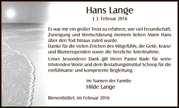Traueranzeige von Hans Lange von Uelzen