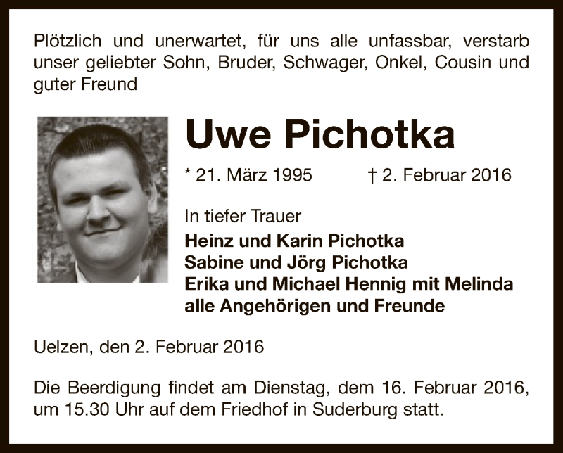  Traueranzeige für Uwe Pichotka vom 13.02.2016 aus Uelzen