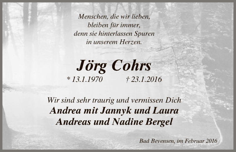  Traueranzeige für Jörg Cohrs vom 09.02.2016 aus Uelzen