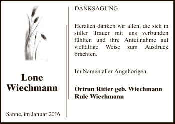 Traueranzeige von Lone Wiechmann von Uelzen