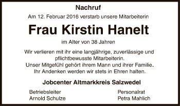 Traueranzeige von Kirstin Hanelt von Uelzen