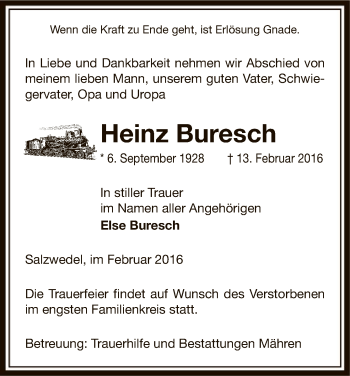 Traueranzeige von Heinz Buresch von Uelzen