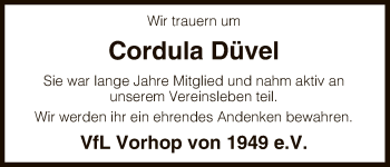 Traueranzeige von Cordula Düvel von Uelzen