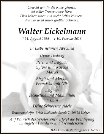 Traueranzeige von Walter Eickelmann von Uelzen