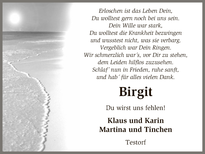  Traueranzeige für Birgit Mohlfeld-Schulze vom 06.02.2016 aus Uelzen