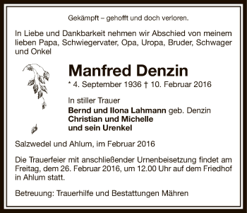 Traueranzeige von Manfred Denzin von Uelzen