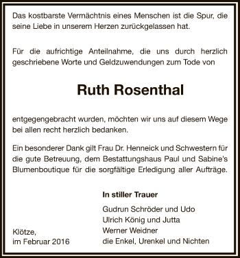 Traueranzeige von Ruth Rosenthal von Uelzen