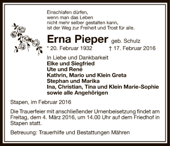 Traueranzeige von Erna Pieper von Uelzen