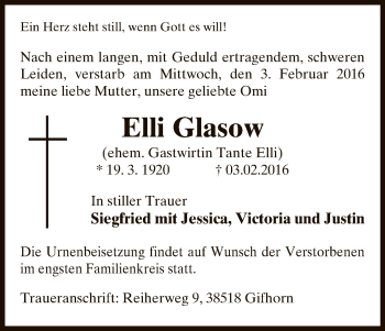 Traueranzeige von Elli Glasow von Uelzen
