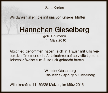 Traueranzeige von Hannchen Gieselberg von Uelzen