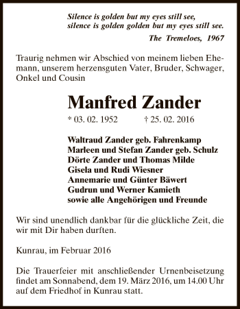 Traueranzeige von Manfred Zander von Uelzen