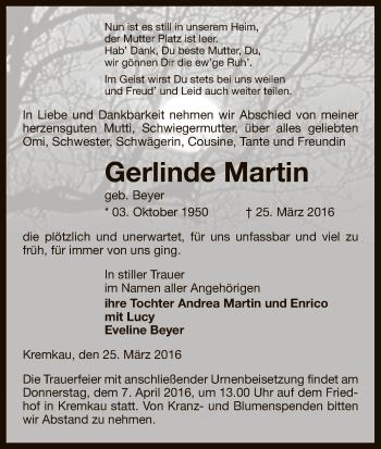 Traueranzeige von Gerlinde Martin von Uelzen