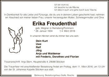 Traueranzeige von Erika Freudenthal von Uelzen