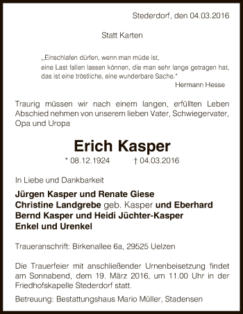 Traueranzeige von Erich Kasper von Uelzen