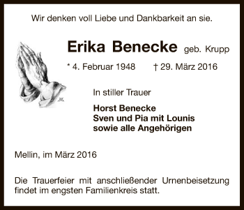 Traueranzeige von Erika Benecke von Uelzen