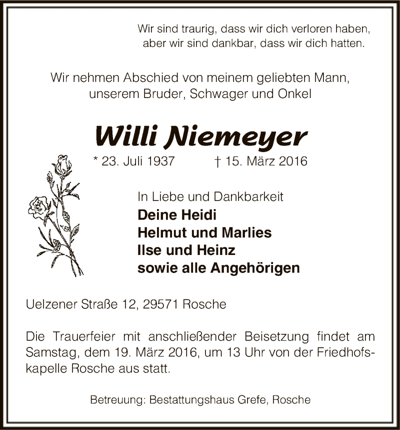  Traueranzeige für Willi Niemeyer vom 17.03.2016 aus Uelzen