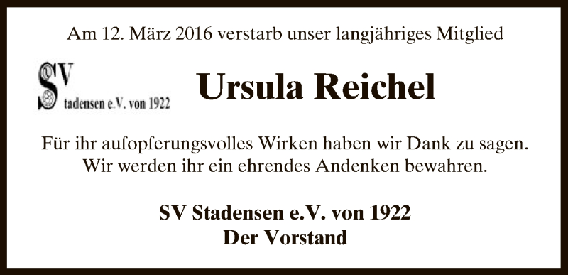  Traueranzeige für Ursula Reichel vom 15.03.2016 aus Uelzen