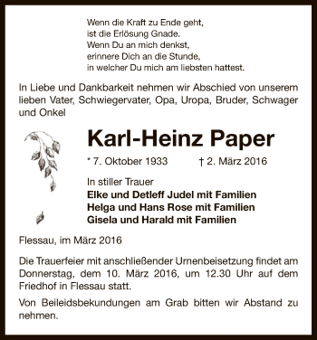 Traueranzeige von Karl-Heinz Paper von Uelzen