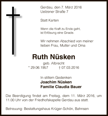 Traueranzeige von Ruth Nüsken von Uelzen