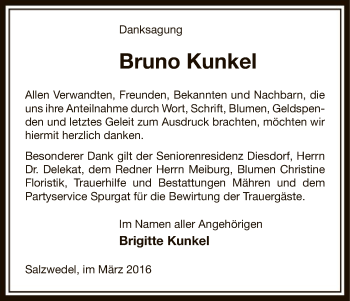 Traueranzeige von Bruno Kunkel von Uelzen